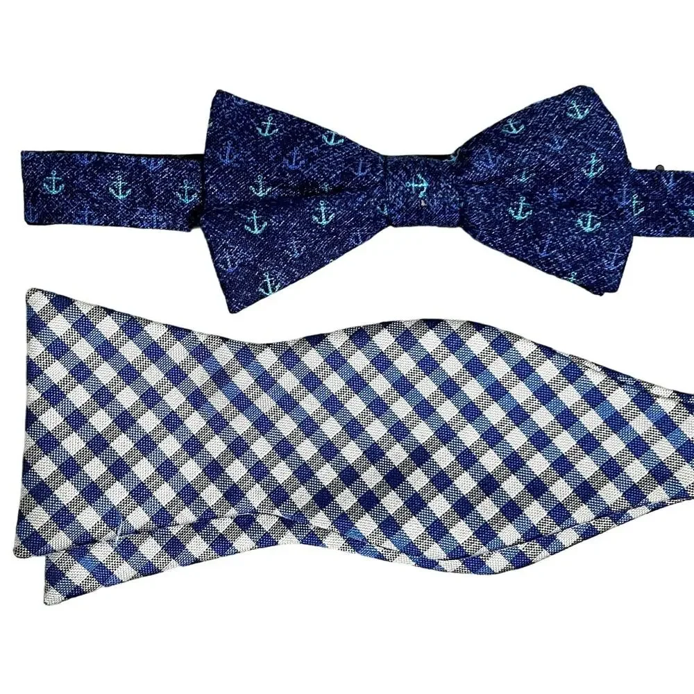 3pc 2 Tommy Hilfiger Linen Bow Ties 1 Egara Pocket Square - Blue & White - $119